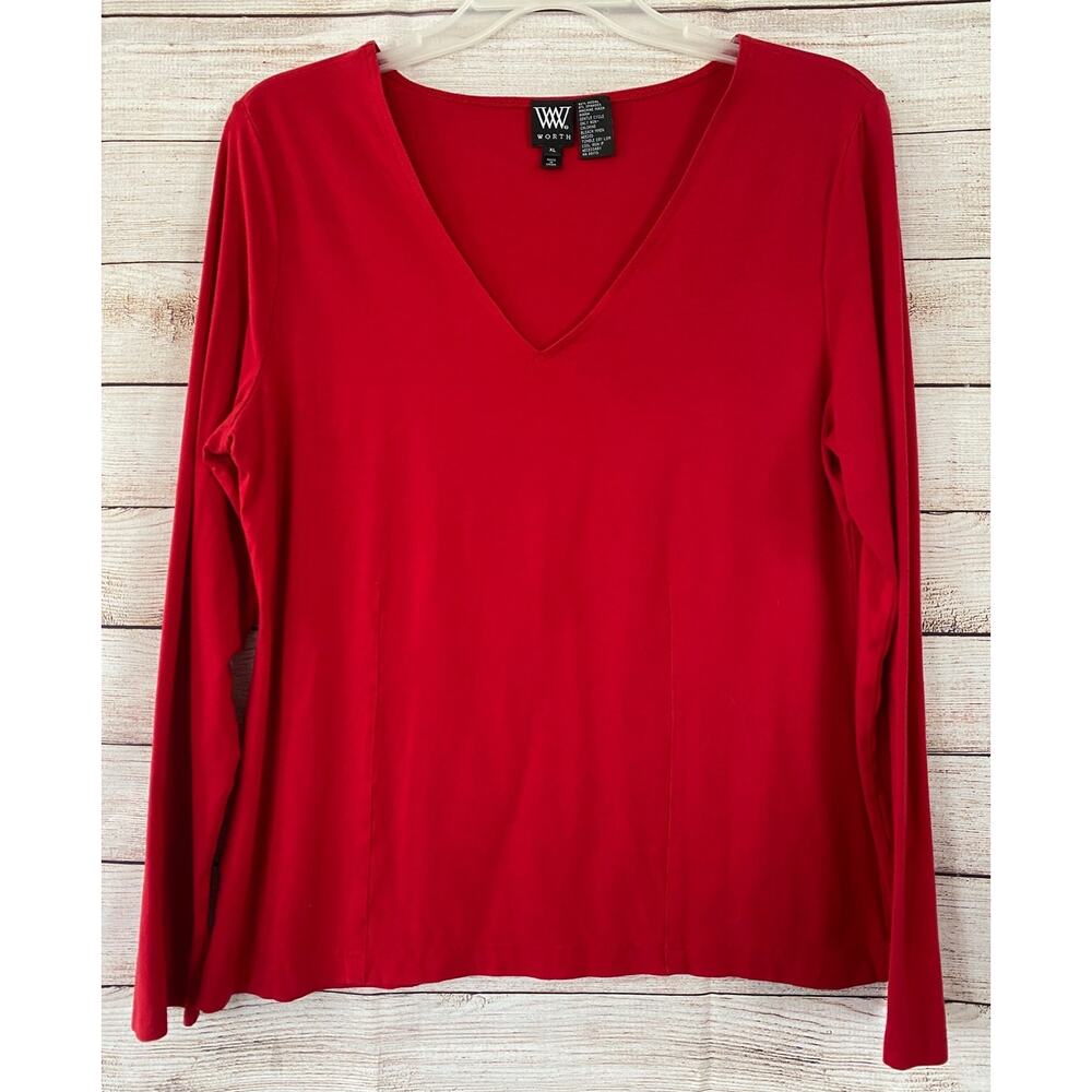 Worth Red V-neck Long Sleeve Fitted Stretch Shirt Top Size XL